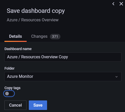 Screenshot of the Grafana workspace. Duplicate a dashboard.