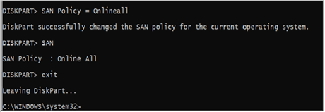 Administrator Command Prompt diskpart online policy