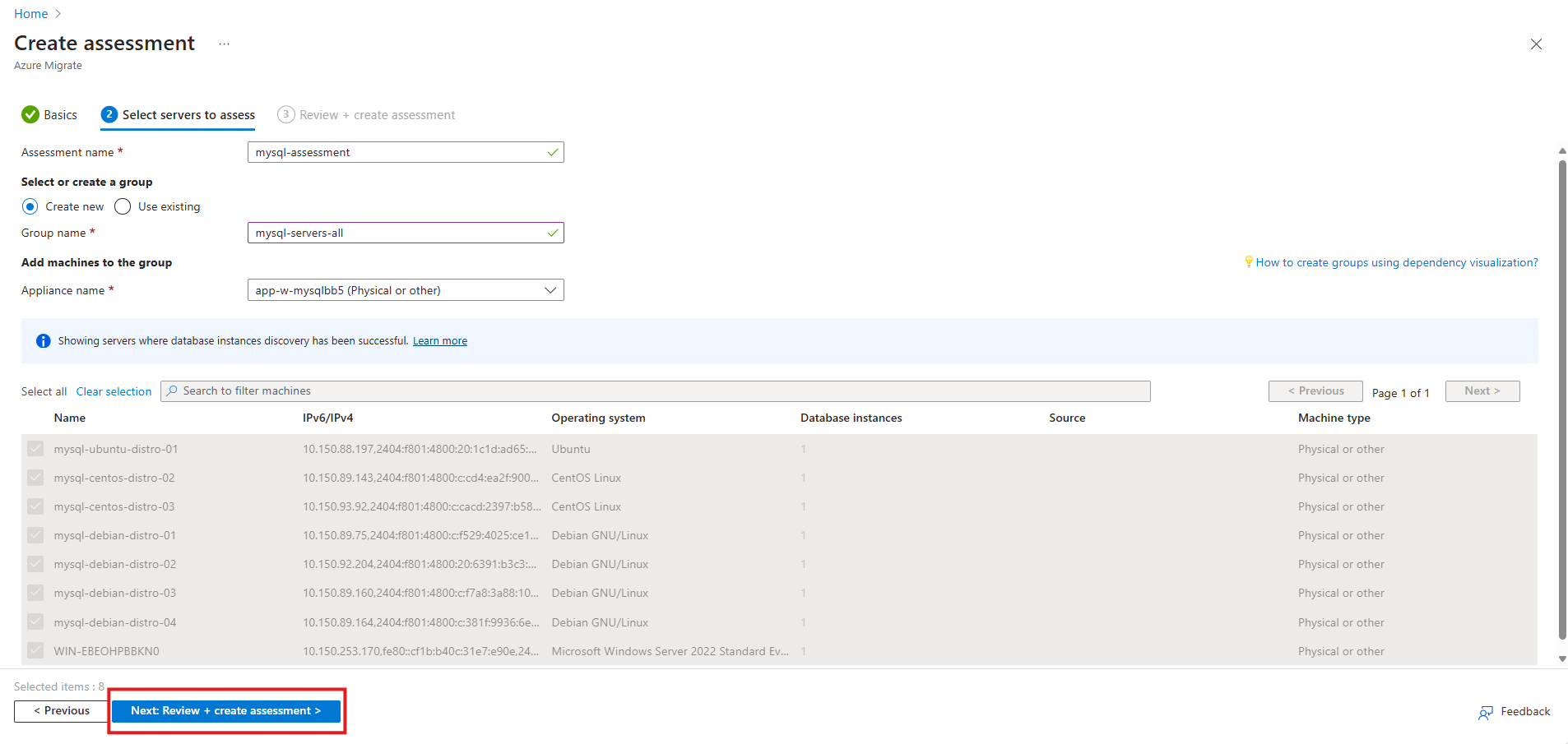 Screenshot on how to select servers to assess.