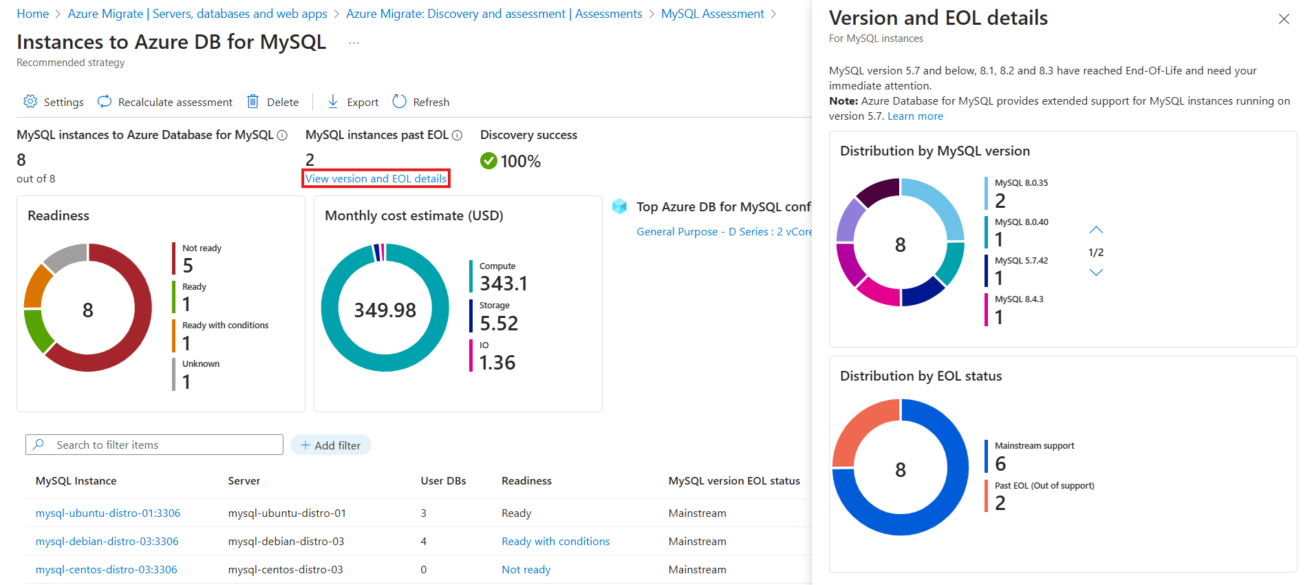 Screenshot on how to view the MySQL version and the details on its end of life.