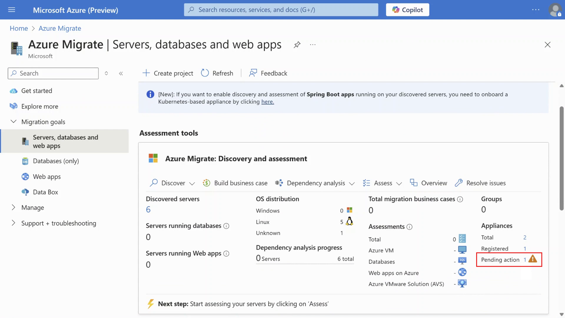 Screenshot shows the appliance count for pending action.