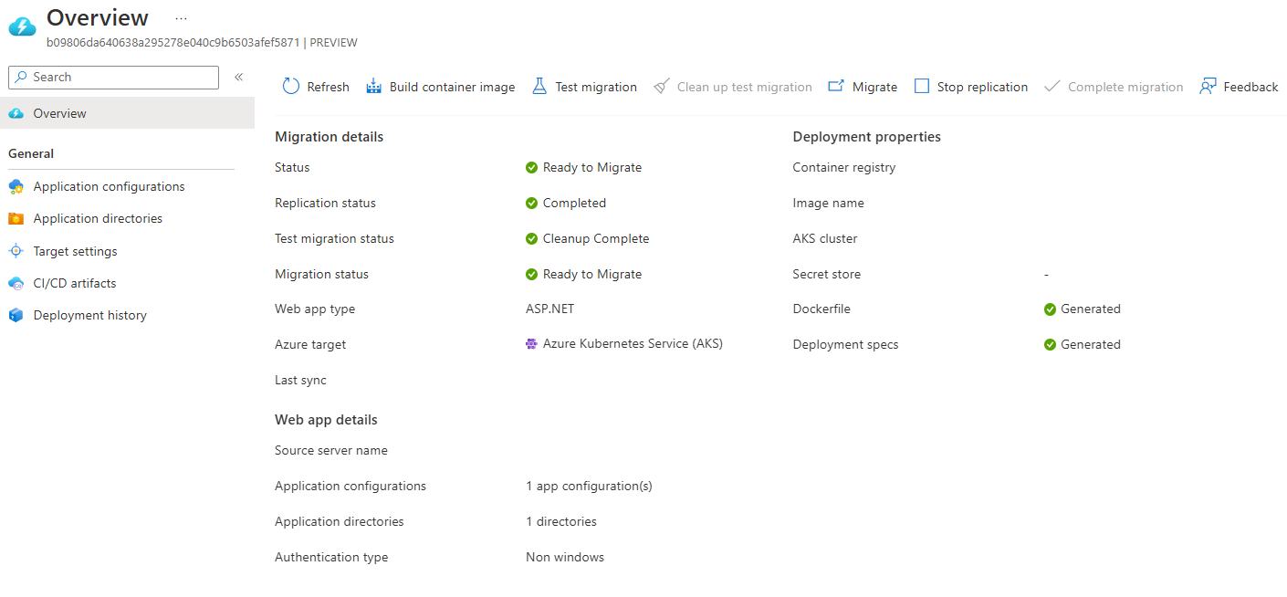 Screenshot of the target resource ready for migration.