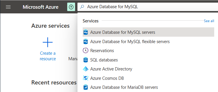 Screenshot that shows how to search and select an Azure Database for MySQL Flexible Server instance in the Azure portal.