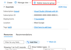 Screenshot showing the location of the Delete Resource Group button in the Azure portal.