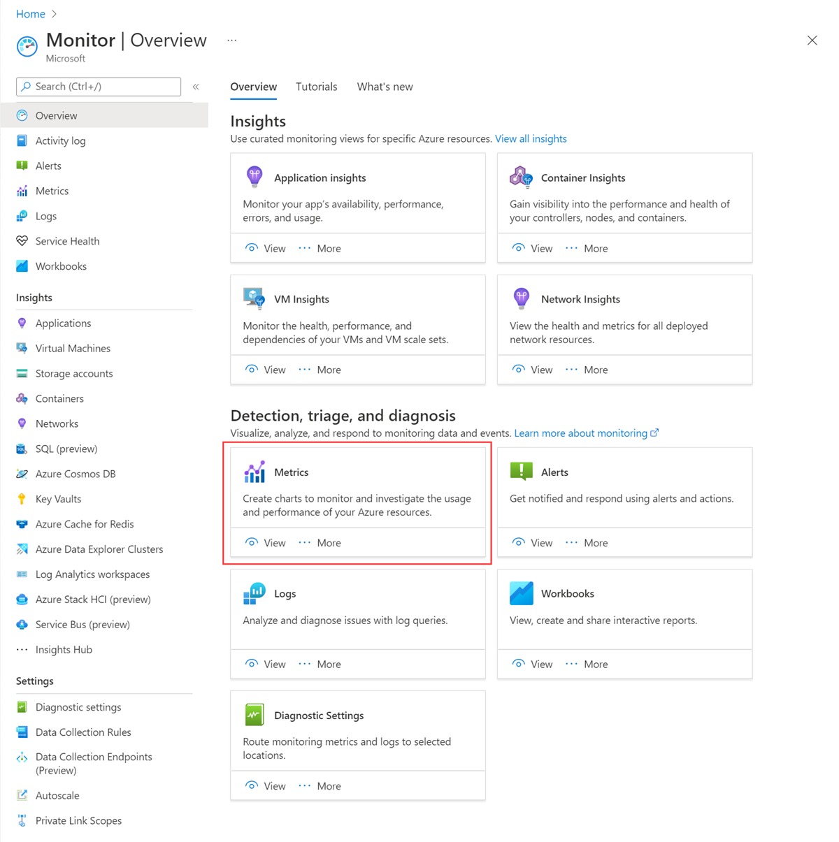 Screenshot of the metrics section of Azure Monitor.