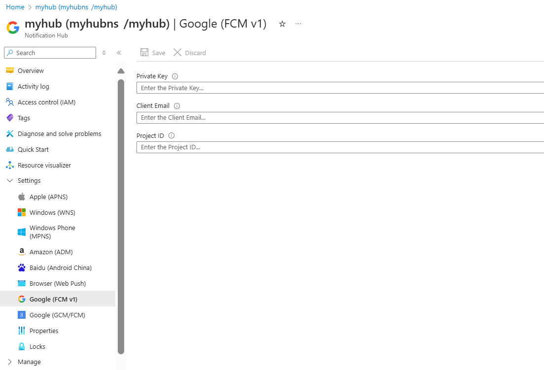 Screenshot that shows how to configure Notification Hubs for Google FCMv1.