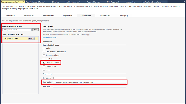 Screenshot of the Solution Explorer window focusing on the Package.appxmanifest with the Available Declarations, Supported Declarations, Push notifications, and Entry point options outlined in red.