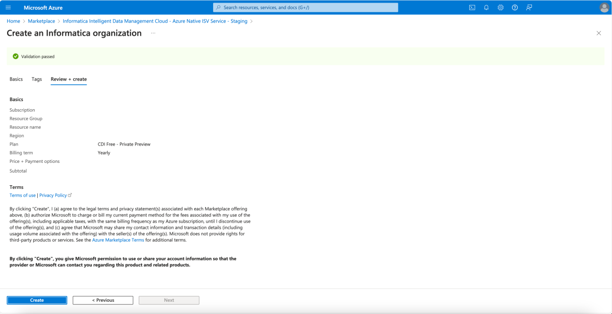 Screenshot of review and create Informatica resource.