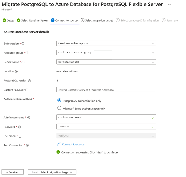 Screenshot of source database server details.