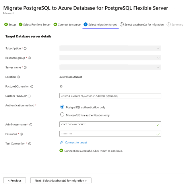 Screenshot of the connect target migration page.