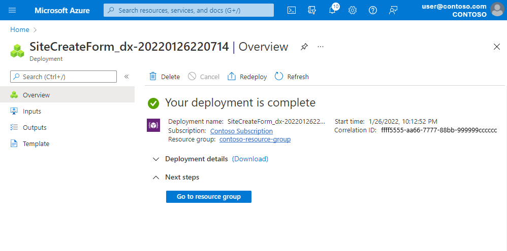 Screenshot of the Azure portal showing the confirmation of a successful deployment of a packet core instance.