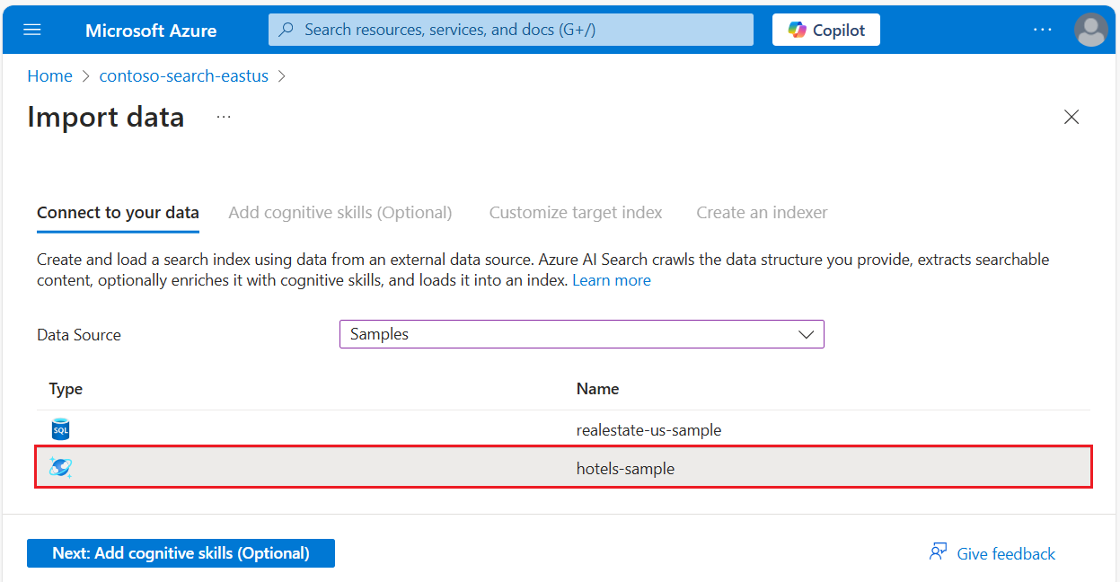 Screenshot of the data source page for sample data.