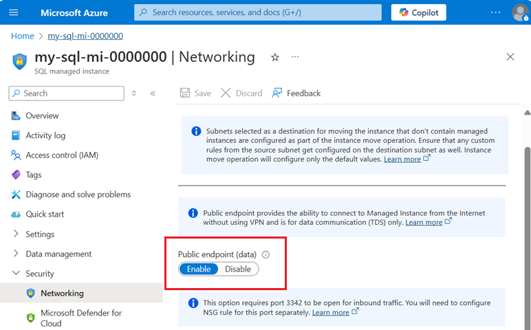 Enable public endpoint using managed instance VNET