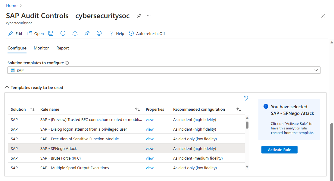 Screenshot of table of analytics rule templates from which to create rules.