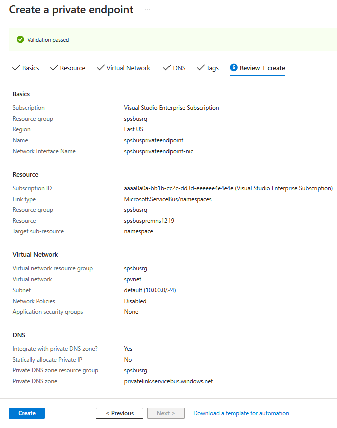 Screenshot showing the Review and Create page of the Create private endpoint wizard.