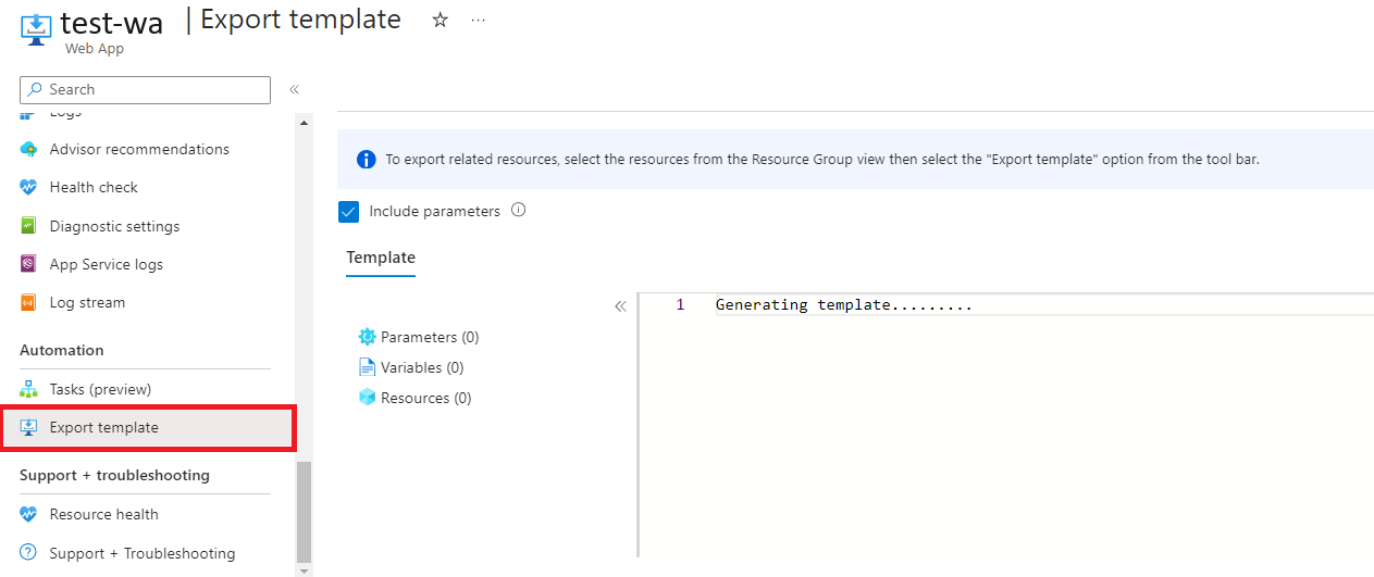 Screenshot of the Azure portal, exporting ARM template of a web app.