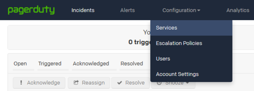 The "Services" section in PagerDuty