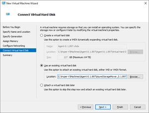 Image showing the location of the Virtual Hard Disk Connection fields within the New Virtual Machine Wizard.