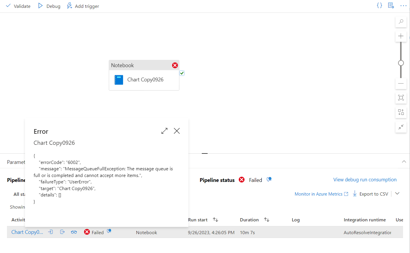 Screenshot from the Azure portal showing error code 6002 in a sample notebook step.