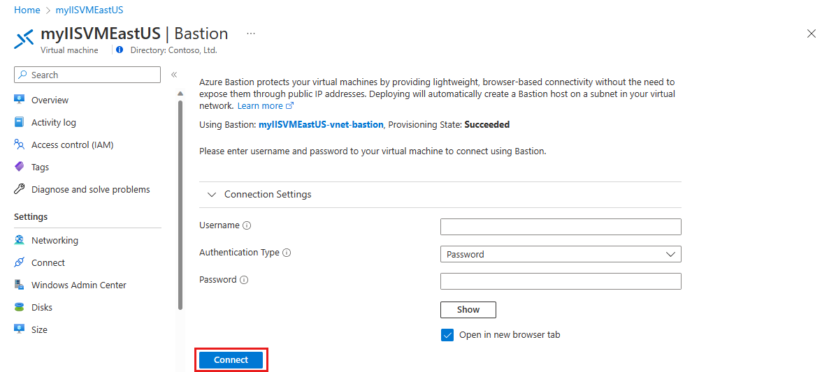 Screenshot of connecting to virtual machine using bastion.