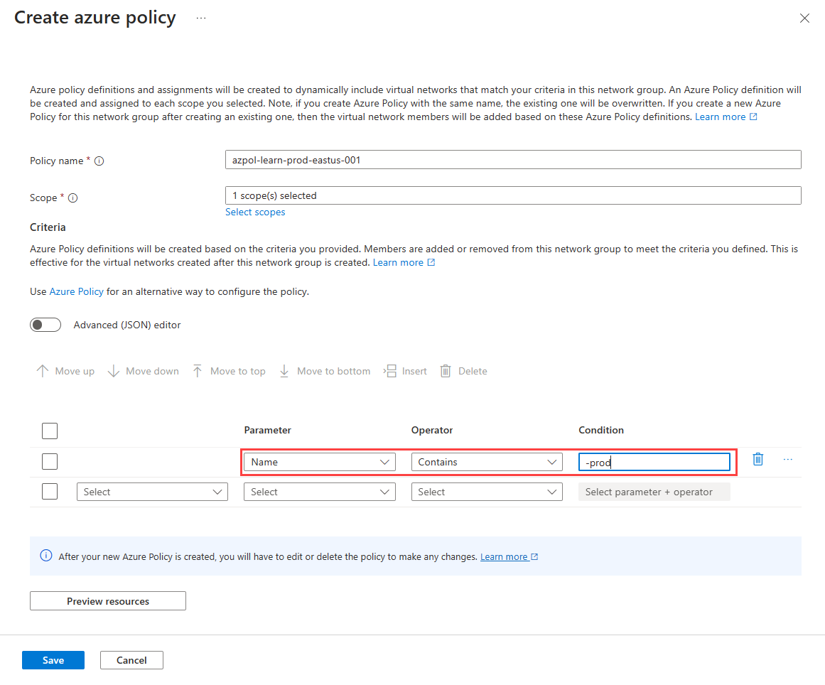 Screenshot of create a network group conditional statements tab.