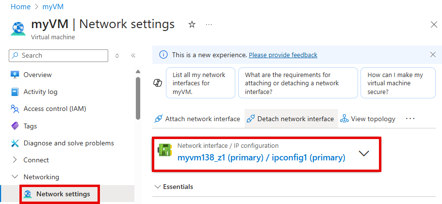 Screenshot of myVM networking and network interface selection.