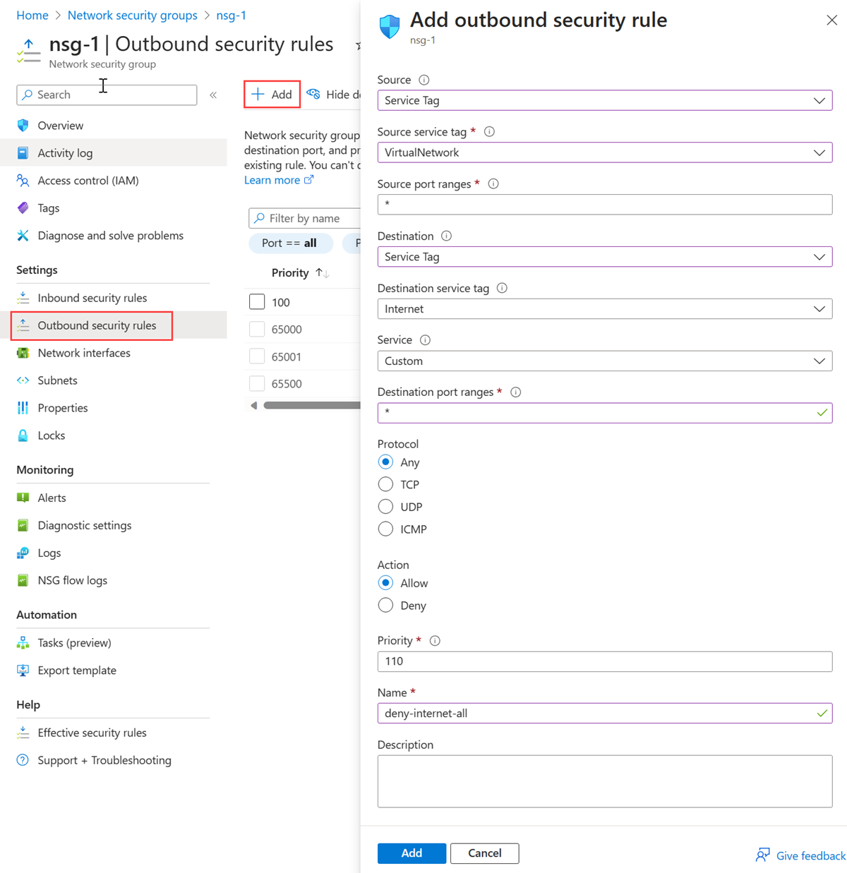 Screenshot of creating an outbound security to block internet access.