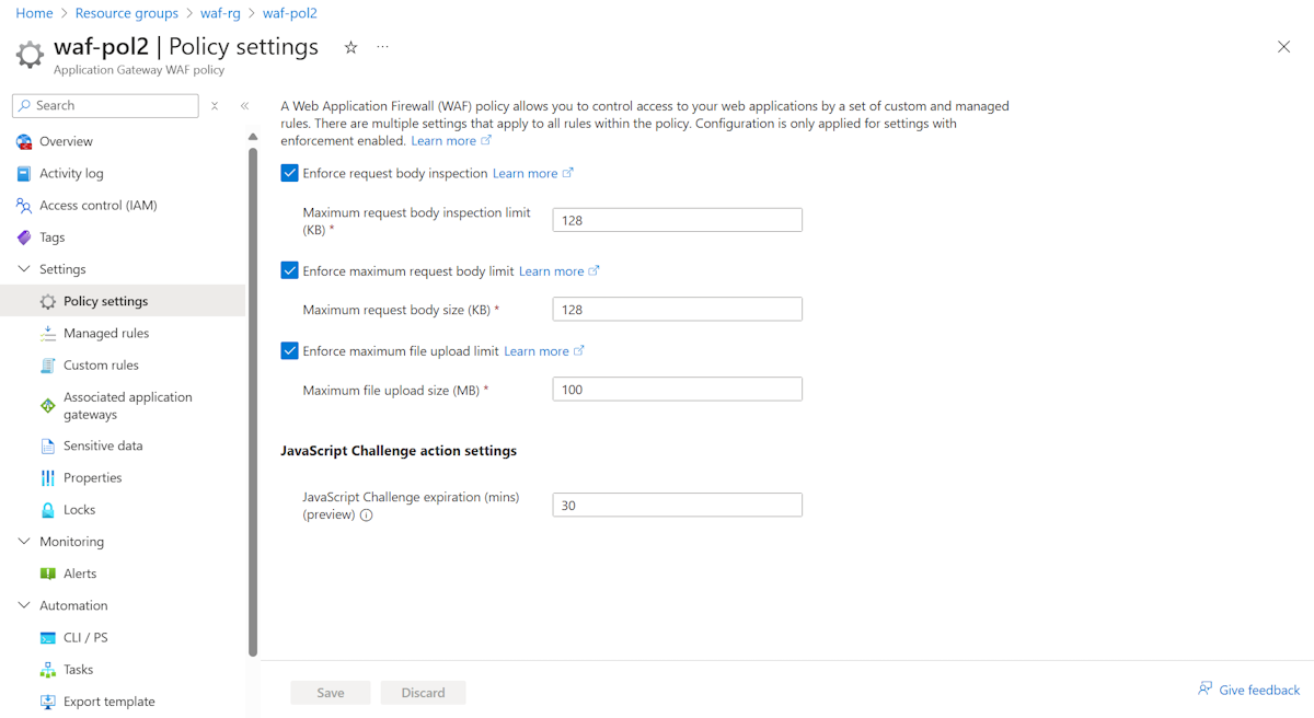 Screenshot showing WAF policy settings.