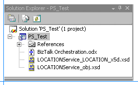 Image that shows the BizTalk orchestration and two associated schema files.