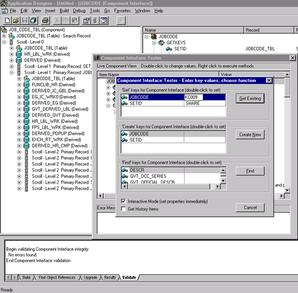 Image that shows the Component Interface Tester - Enter key values, choose functions screen.