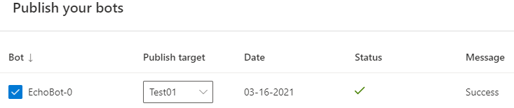 Screenshot of the Publish your bots page after a successful publish.
