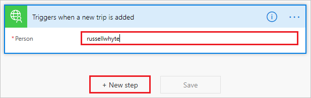 Screenshot that shows the Person box and the New step button.