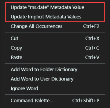 Oppdater hurtigmeny for metadata