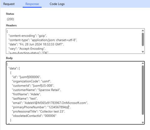 Screenshot of the connector response.