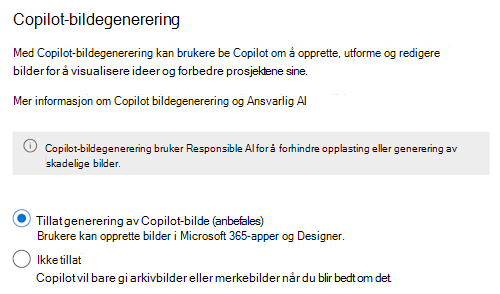 Skjermbilde som gjør det mulig for administratorer å tillate eller hindre sluttbrukere fra å opprette bilder ved hjelp av Microsoft 365 Copilot i Administrasjonssenter for Microsoft 365.