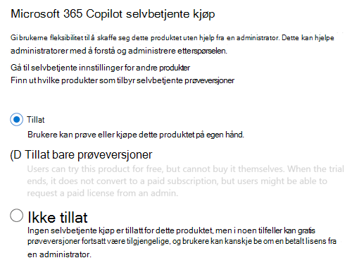 Skjermbilde som gjør det mulig for brukere å kjøpe Microsoft 365 Copilot uten administratorgodkjenning på Copilot-siden i Administrasjonssenter for Microsoft 365.