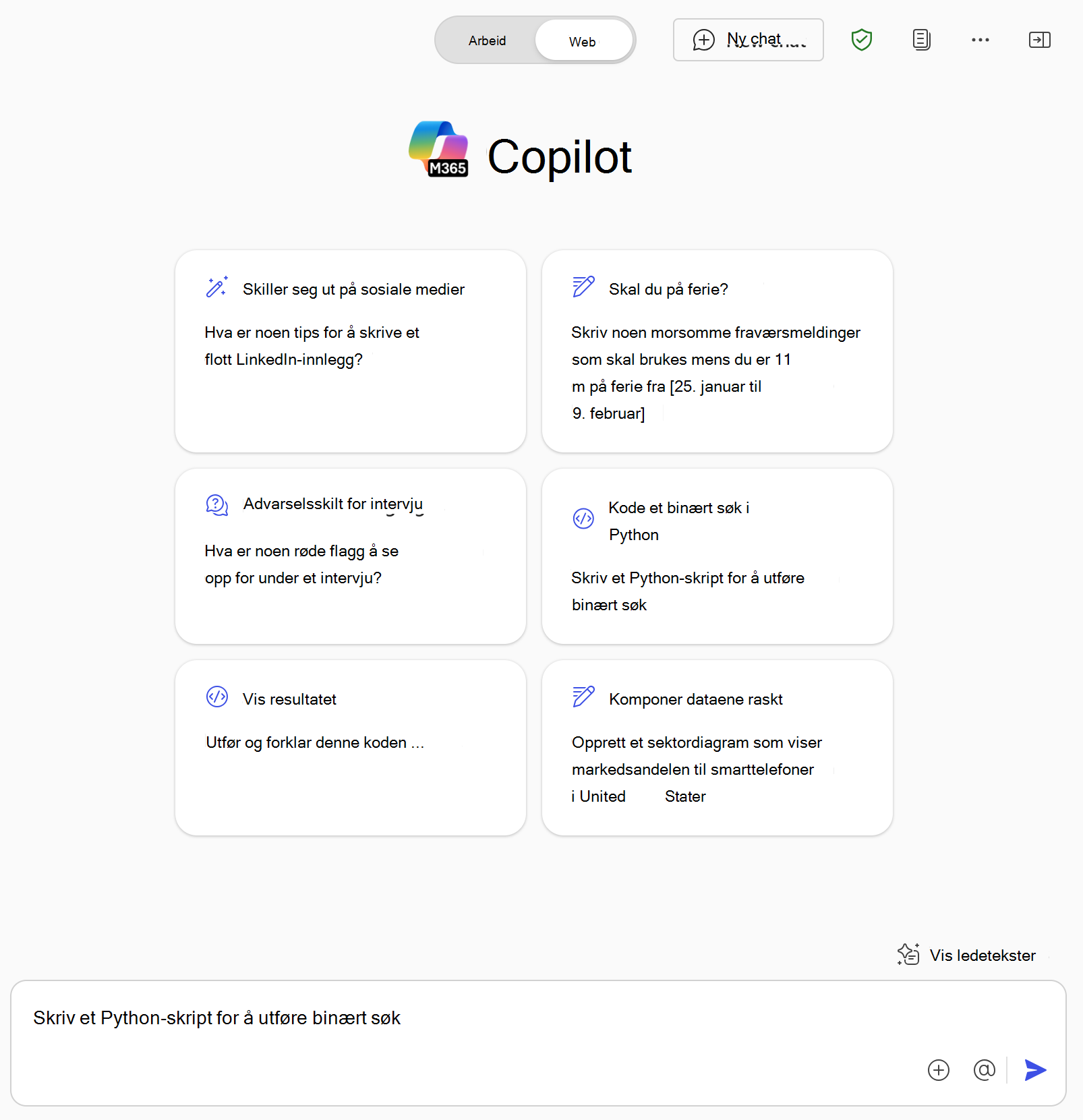 Skjermbilde som viser Microsoft 365 Copilot Chat og eksempelmeldinger som får informasjon fra Internett med nettbasert chat.