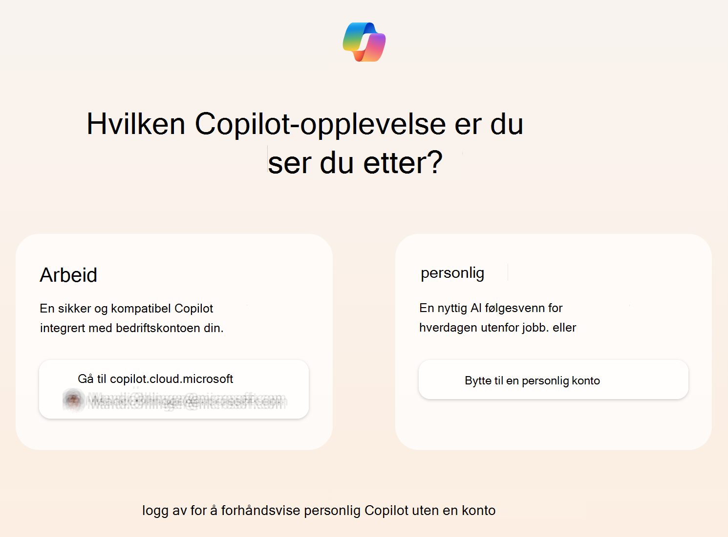 Skjermbilde som viser Microsoft Copilot som ber Microsoft Entra brukere om å velge arbeid eller personlig.