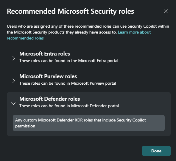 Screenshot showing a partial list of recommended security roles.