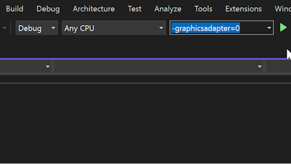 A screenshot of the command-line argument dropdown. It contains one command line argument: -graphicsadaptor=0.