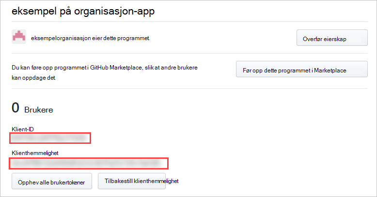 Skjermbilde som viser detaljer om en oauth-app.