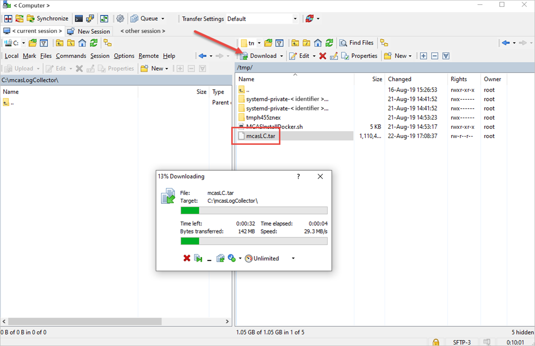 Skjermbilde av nedlasting av loggsamleren til en Windows-datamaskin.