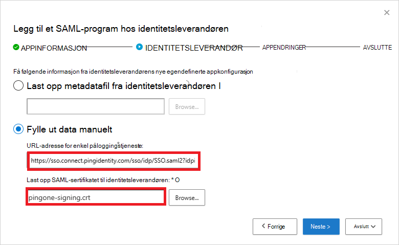 Legg til URL-adresse for SSO-tjenesten og SAML-sertifikat.