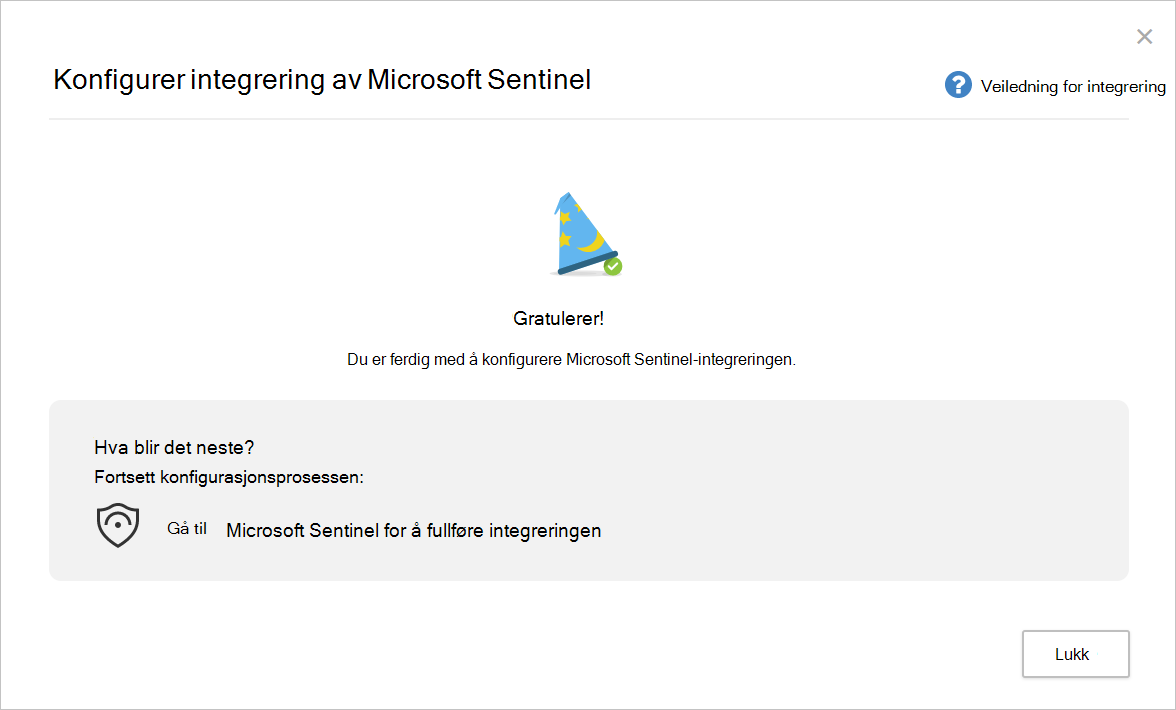 Skjermbilde som viser fullføringssiden for Konfigurer Microsoft Sentinel-integrering.