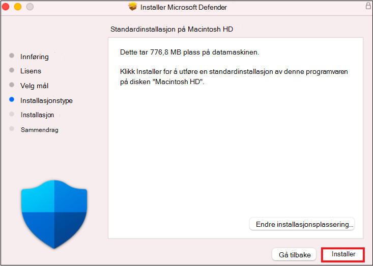 Skjermbilde som viser det siste installasjonstrinnet.