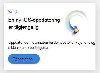 Skjermbilde av et kort som forteller brukeren at en iOS-oppdatering er tilgjengelig.