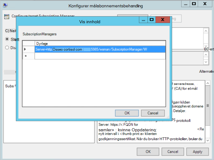 Skjermbilde av dialogboksen Konfigurer målabonnement.