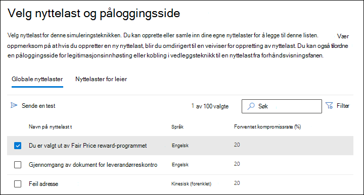 Kategorien Globale nyttelaster på velg nyttelast-siden med en nyttelast valgt og handlingen Send en test i Opplæring med simulert angrep.