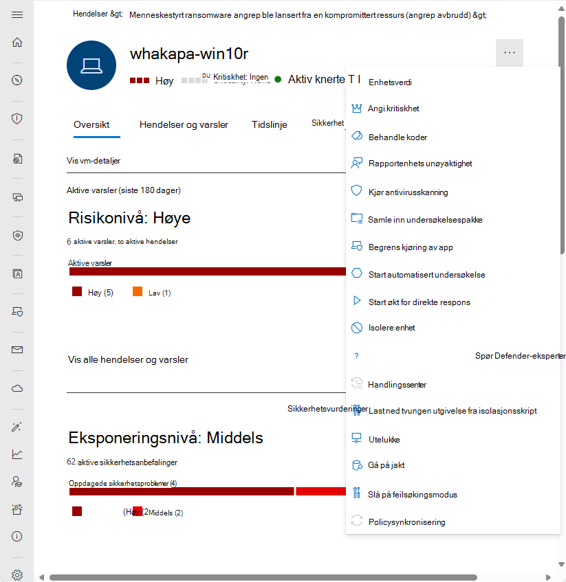 Skjermbilde av handlingsfeltet for enhetssiden for enheten i Microsoft Defender-portalen.