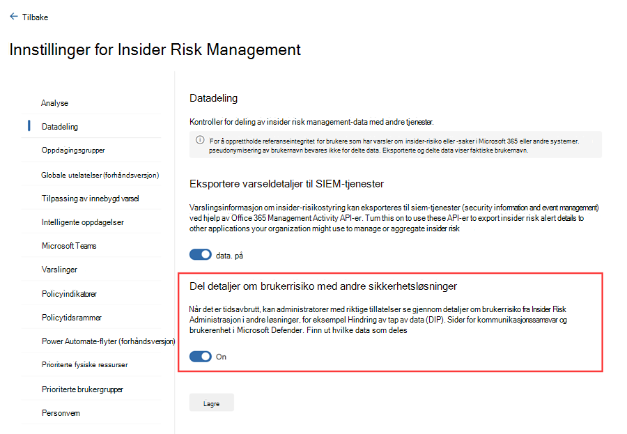 Utheving av innstillingen i Microsoft Purview-portalen som kreves for at varsler om insider-risiko skal vises i Defender XDR.